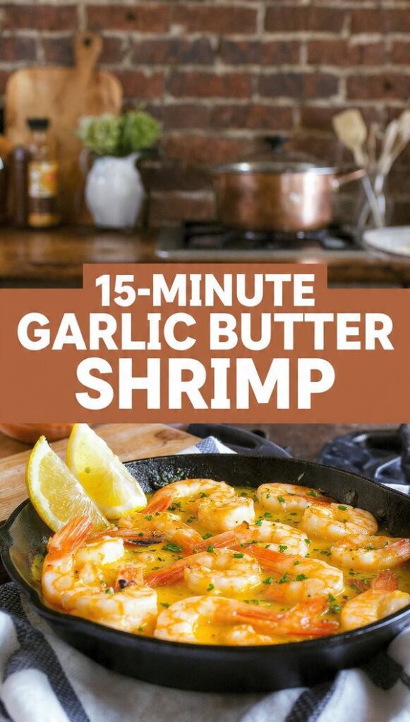 close-up shot of a skillet filled with plump, pink 15-Minute Garlic Butter Shrimp, coated in a glistening, velvety yellow butter sauce, garnished with fresh parsley and lemon wedges. The text overlay reads: "15-MINUTE GARLIC BUTTER SHRIMP".