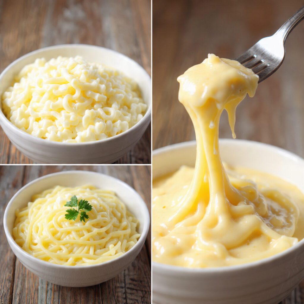 Two servings of the sauce. One is a wide shot of the sauce poured generously over a bowl of fettuccine pasta, garnished with parsley. The other is an extreme close-up of the sauce, showing the thick, glossy consistency clinging to the tines of a fork.