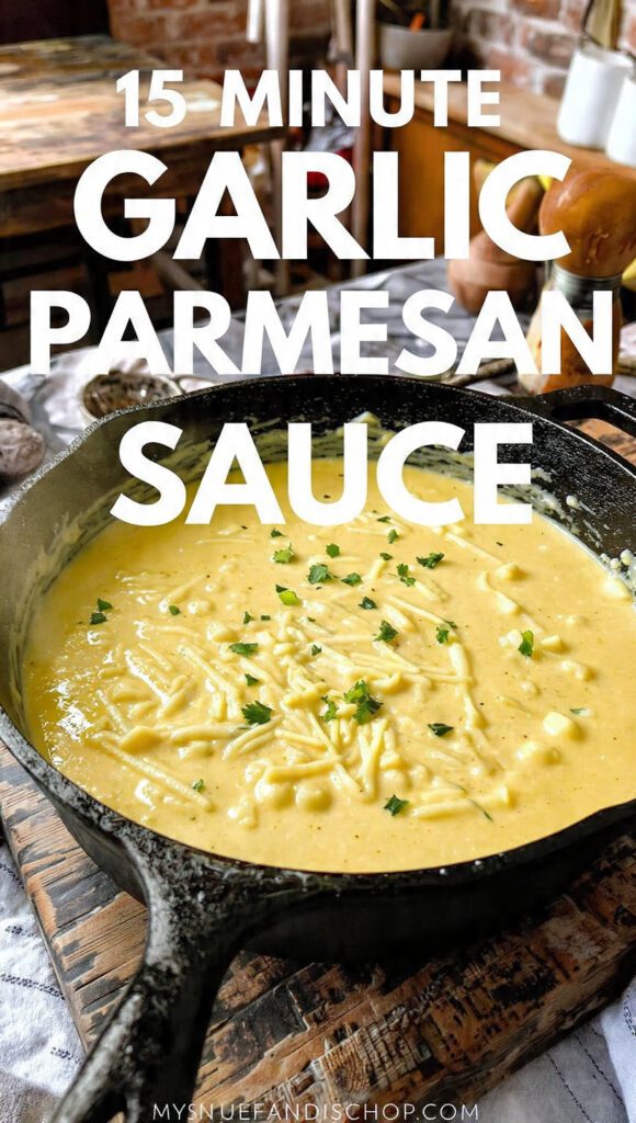 A close-up shot of a small saucepan filled with thick, creamy, velvety Garlic Parmesan Sauce, with a whisk resting in it, showing a smooth texture and flecks of garlic and herb. The text overlay reads: "15-MINUTE GARLIC PARMESAN SAUCE"