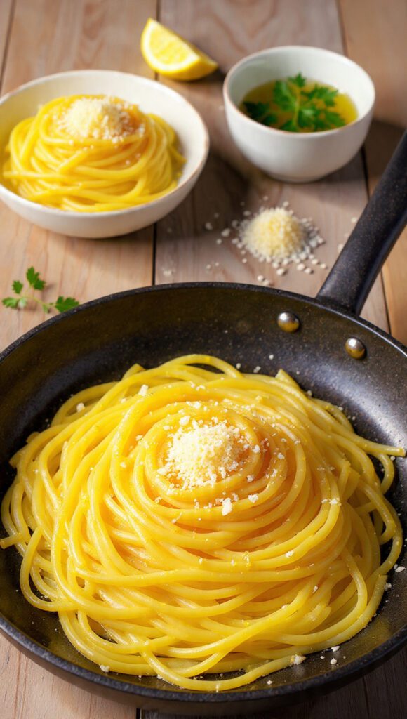 Two servings of the pasta. One is a wide shot of a bowl of the glossy pasta, garnished with Parmesan cheese and a lemon wedge. The other is an extreme close-up of the pasta in the skillet, showing the sauce emulsifying and clinging perfectly to the noodles.