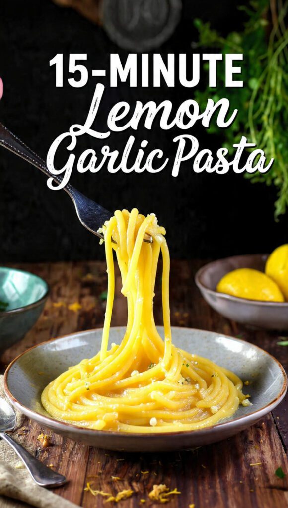close-up shot of a fork twirling long strands of 15-Minute Lemon Garlic Pasta, showing the glossy, light sauce coating the noodles, with visible minced garlic, parsley, and lemon zest. The text overlay reads: "15-MINUTE LEMON GARLIC PASTA"