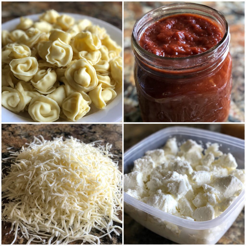 A collage showing the essential ingredients: refrigerated cheese tortellini, a jar of marinara sauce, a container of ricotta cheese, and shredded mozzarella cheese.