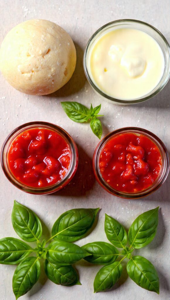 A collage showing the essential ingredients: a ball of raw pizza dough, a ball of burrata cheese (in liquid), a jar of crushed tomatoes, and fresh basil leaves.