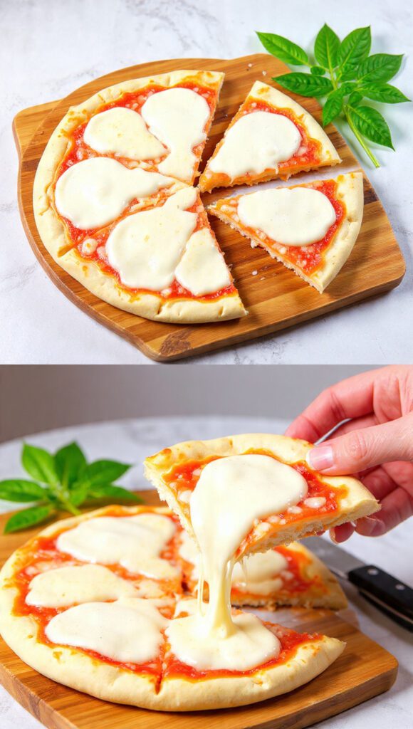 Two variations of the pizza. One is a wide shot of the whole burrata pizza on a cutting board, sliced and ready to serve. The other is an extreme close-up of a single slice being lifted, showing the creamy, white interior of the burrata flowing onto the sauce.