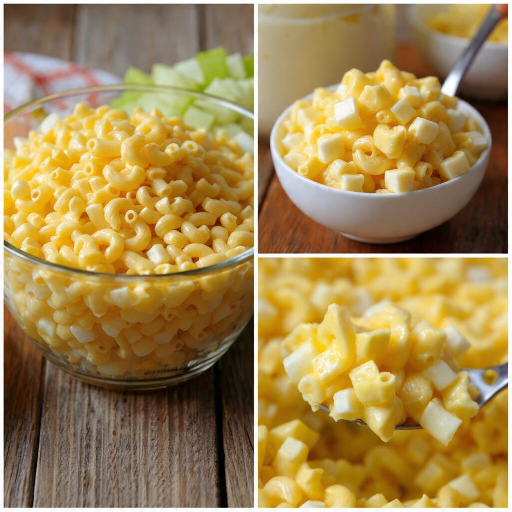 20-minute-deviled-egg-macaroni-salad-served-close-up-variant.jpg Alt Text: Two servings of the salad. One is a wide shot of the salad in a clear glass serving bowl on a picnic table. The other is an extreme close-up of a large spoon scooping the salad, showing the thick, creamy yellow dressing coating the pasta and the large chunks of egg white and celery.