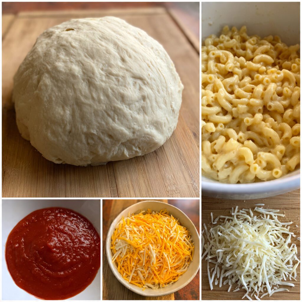 A collage showing the essential ingredients: a ball of raw pizza dough, a bowl of creamy cooked mac and cheese, shredded mozzarella and cheddar cheese, and a small amount of marinara sauce.