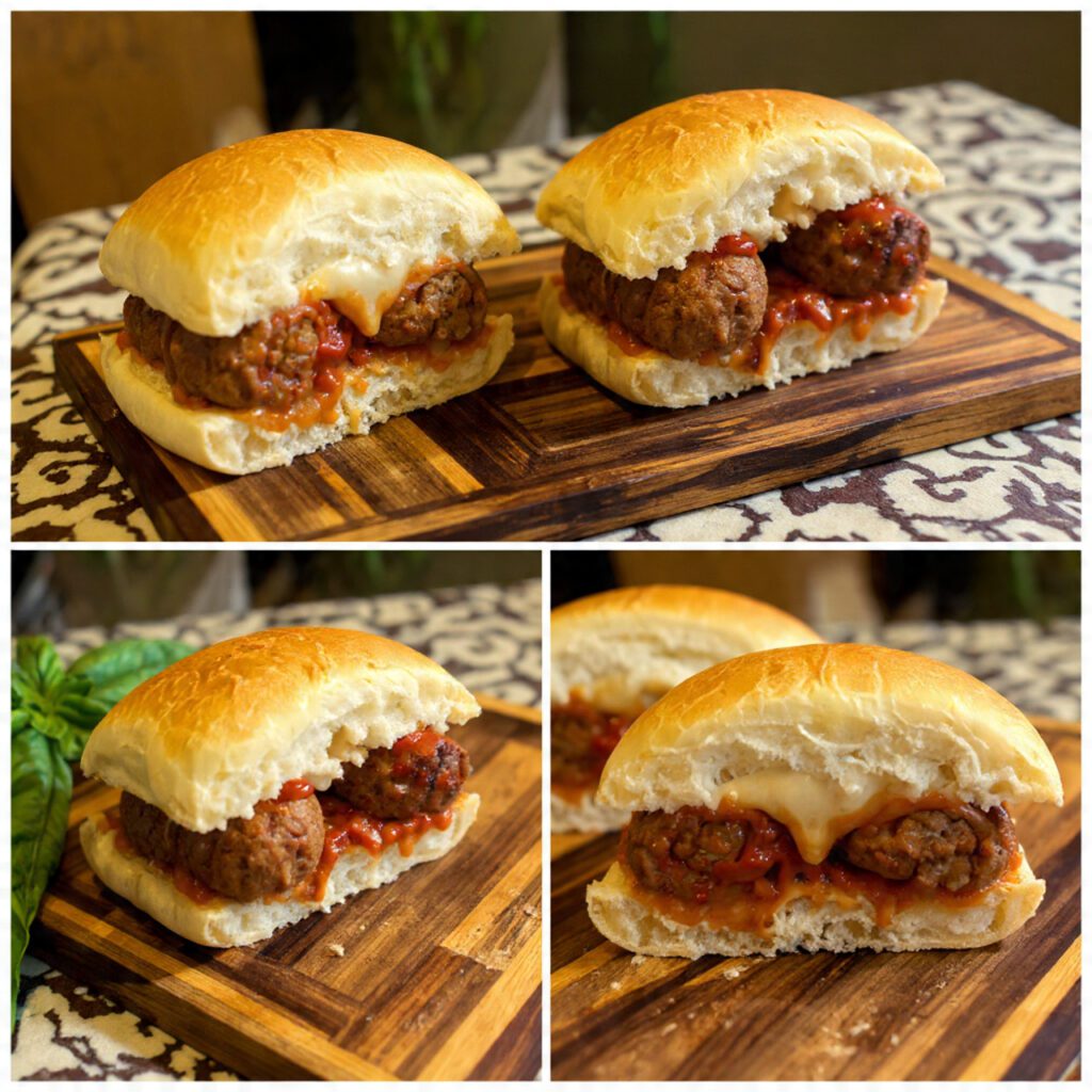 Two servings of the meatball sandwich. One is a wide shot of two finished meatball sandwiches on a cutting board, ready to be served. The other is an extreme close-up of a meatball sandwich cut in half, showing the cross-section of saucy meatballs, gooey cheese, and perfectly toasted bread.