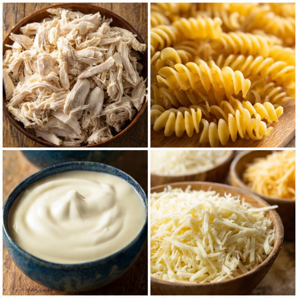A collage showing the essential ingredients: shredded cooked chicken, uncooked rotini pasta, cream of chicken soup, sour cream, and bowls of shredded mozzarella and Parmesan cheese.