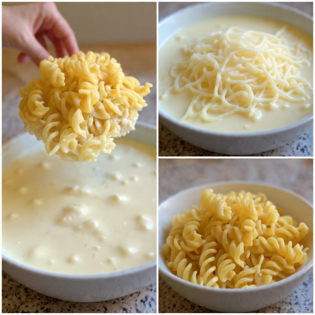 Two servings of the casserole. One is a wide shot of a slice of the casserole being lifted out of the pan, showing the thick, creamy layers. The other is an extreme close-up of the casserole in a bowl, showing the melted, stringy cheese and creamy sauce coating the pasta.