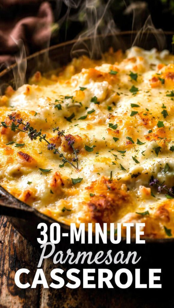 Overhead close-up shot of a 9x13 baking dish filled with a bubbling 30-Minute Parmesan Chicken Casserole, topped with melted, golden-brown mozzarella and fresh parsley. The text overlay reads: "30-MINUTE PARMESAN CHICKEN CASSEROLE"