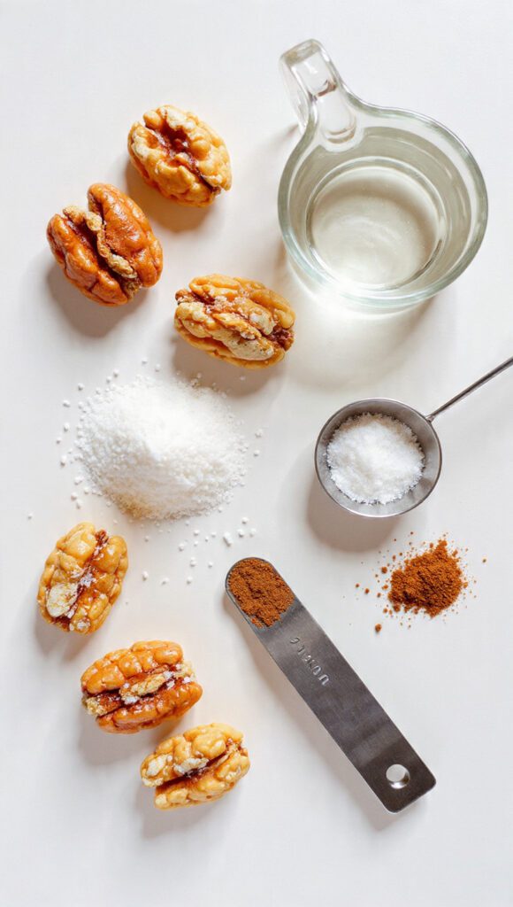 A collage showing the essential ingredients: raw walnut halves, a small pile of granulated sugar, a measuring spoon of water, and a pinch of salt and cinnamon.