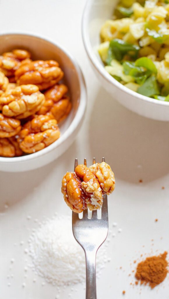 Two servings of the nuts. One is a wide shot of the nuts in a bowl, ready for snacking, next to a salad bowl. The other is an extreme close-up of a fork lifting a cluster of the candied walnuts, highlighting the shiny, brittle sugar coating.