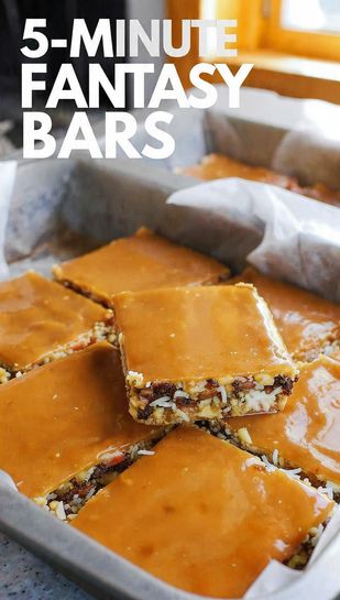 Overhead close-up shot of square 5-Minute Fantasy Bars in a pan, showing distinct layers of graham cracker crust, nuts/chips, and a glossy drizzle of condensed milk binder. The text overlay reads: "5-MINUTE FANTASY BARS".