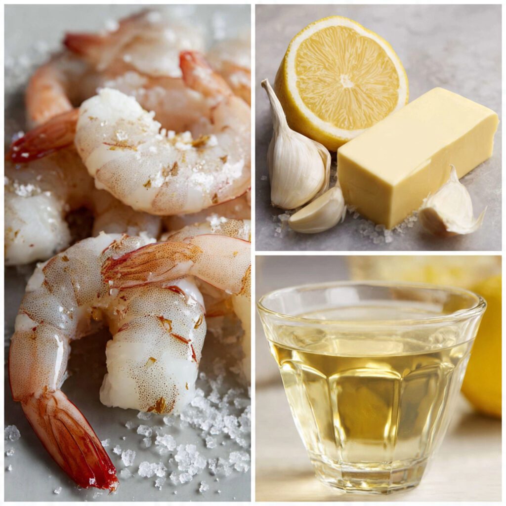 A collage showing the speed-focused ingredients: raw peeled shrimp, a stick of butter, fresh garlic cloves, a fresh lemon half, and a small amount of dry white wine/broth.