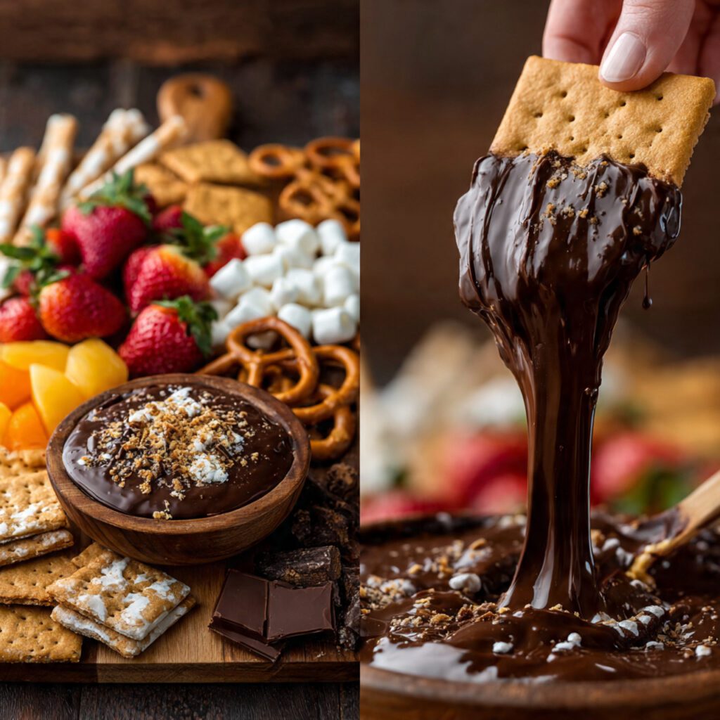 Two servings of the dip. One is a wide shot of the dip on a cutting board surrounded by an array of dippers (fruit, cookies, pretzels). The other is an extreme close-up of a hand using a graham cracker to scoop a long, stretchy pull of melted marshmallow and chocolate.