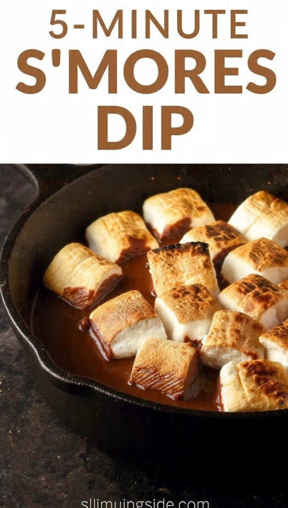 Close-up overhead shot of a small cast iron skillet filled with bubbling, melted chocolate covered by perfectly golden-brown, toasted marshmallows. A graham cracker is dipping into the side. The text overlay reads: "5-MINUTE S'MORES DIP"