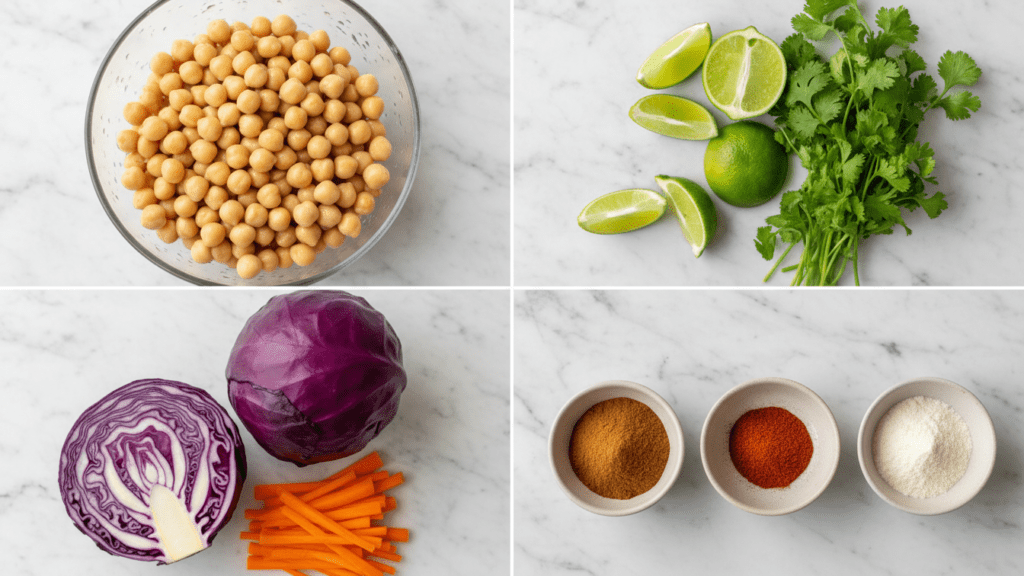 A collage showing canned chickpeas, fresh limes, purple cabbage, and spices.