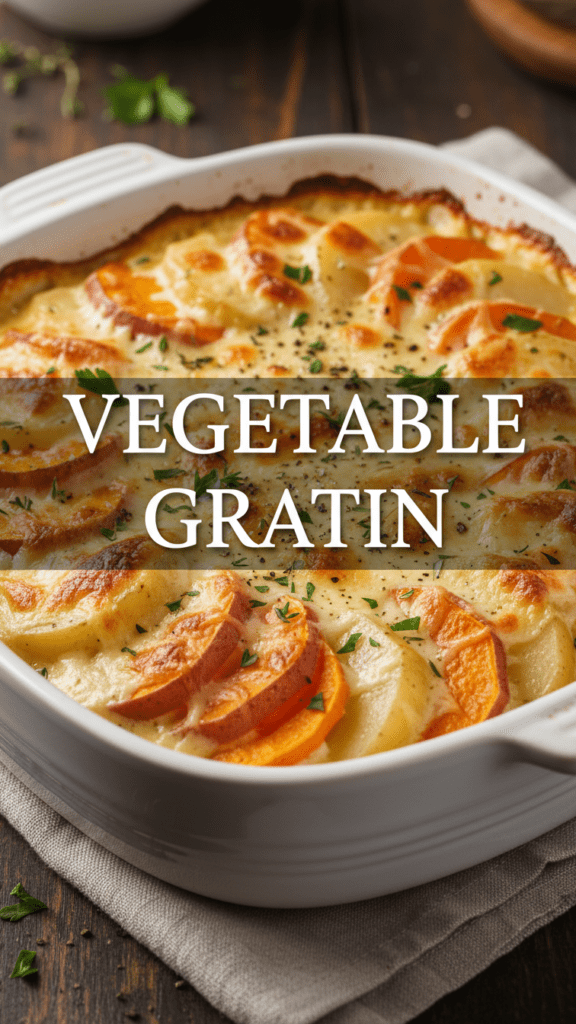 A close-up of cheesy vegetable gratin in a ceramic dish with golden crust.