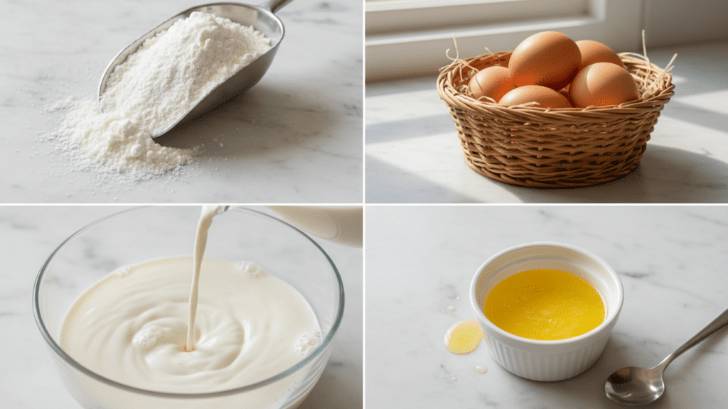 A collage showing coconut flour, eggs, butter, and almond milk.