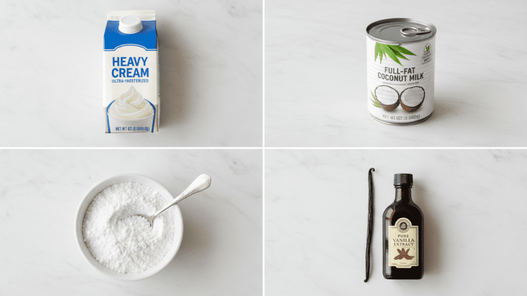 9:16 aspect ratio split-screen image. Top half: creamy vanilla ice cream churning in an ice cream maker. Bottom half: a macro close-up shot of an ice cream scoop digging into the perfectly smooth, slightly soft keto vanilla ice cream, showing its detailed texture.