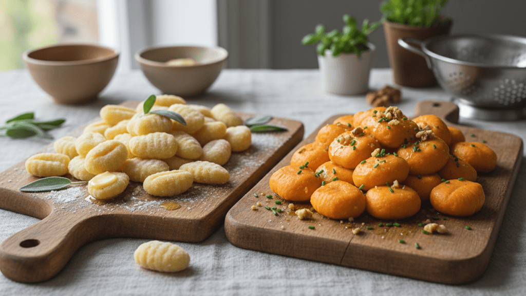 Side-by-side view of classic potato gnocchi and vibrant orange sweet potato gnocchi.