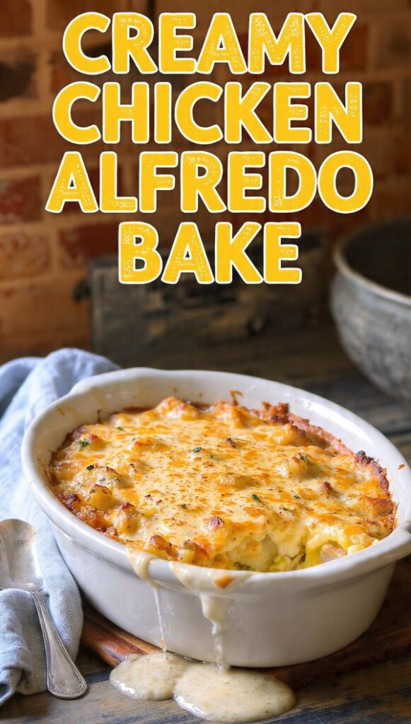 A close-up of baked chicken alfredo pasta casserole with a golden-brown mozzarella crust, with "CREAMY CHICKEN ALFREDO BAKE" as a prominent text overlay.