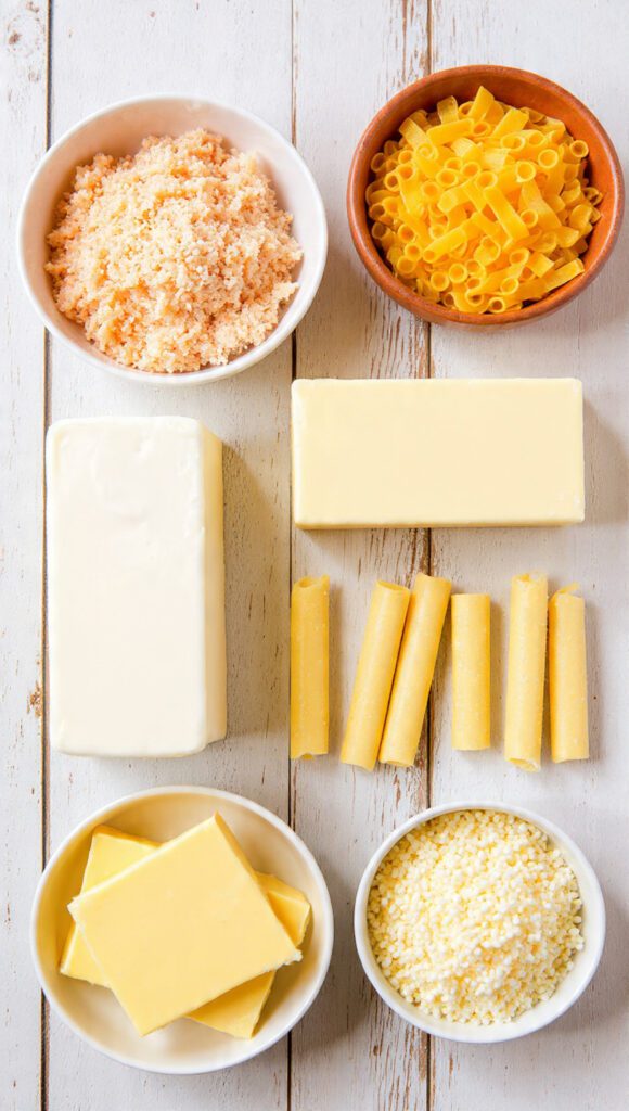 A flat lay collage of raw ingredients: cooked chicken, penne pasta, heavy cream, butter, Parmesan cheese block, and mozzarella used for the creamy chicken alfredo bake recipe.