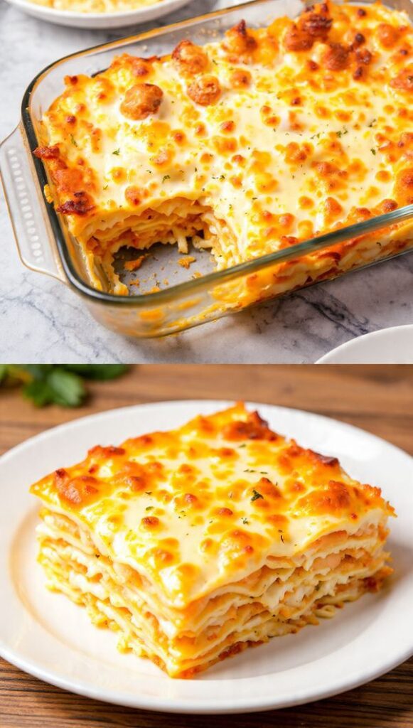 A 9x13 inch baking dish of chicken Alfredo lasagna. A single serving is cut out and shown close-up on a plate, highlighting the multiple white layers