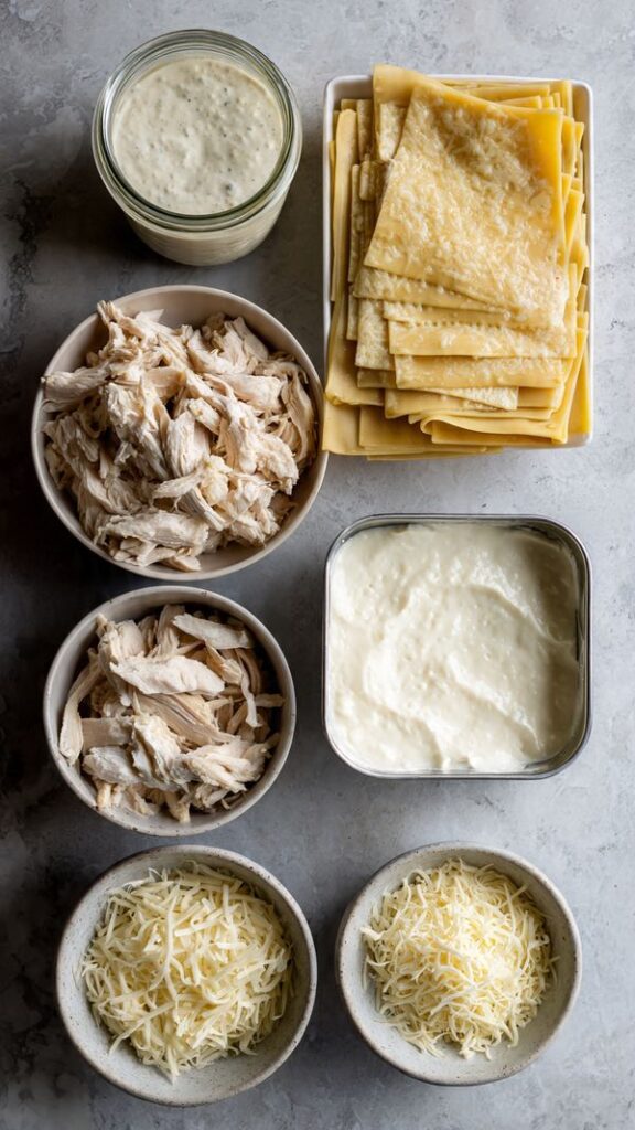 A flat lay collage showing ingredients: lasagna noodles, Alfredo sauce, shredded chicken, ricotta cheese, and shredded mozzarella/Parmesan.
