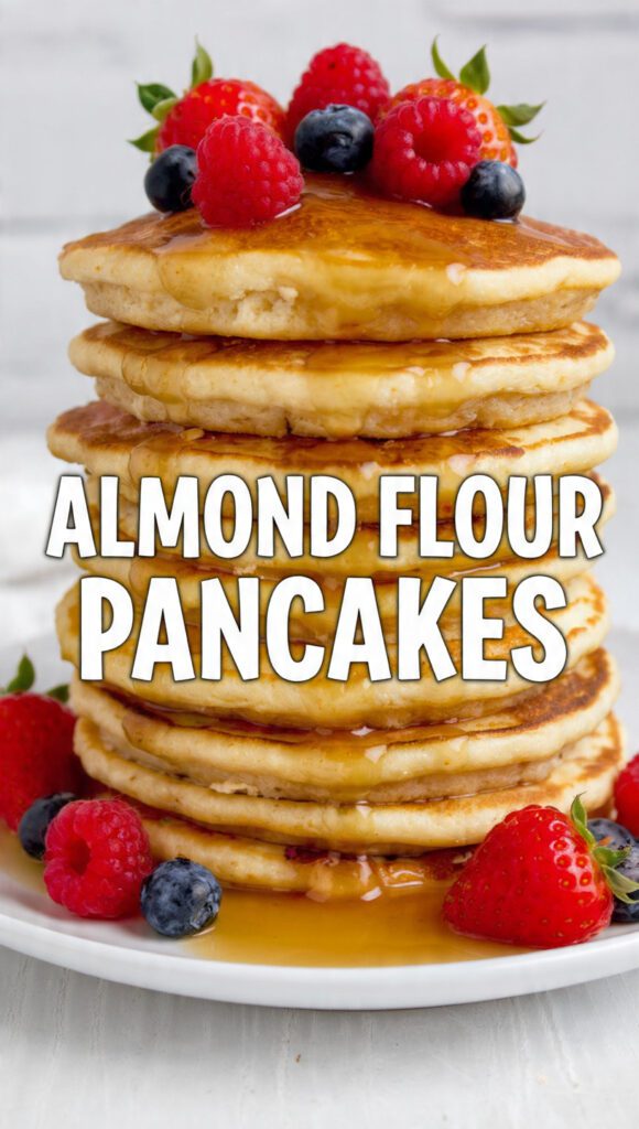 Vertical photo of a stack of fluffy almond flour pancakes with syrup, and a text overlay of the main keyword.
