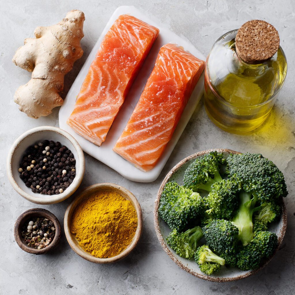 A flat lay collage of raw ingredients: salmon fillets, fresh ginger root, turmeric powder, black pepper, broccoli florets, and olive oil used for the anti-inflammatory meals recipe.