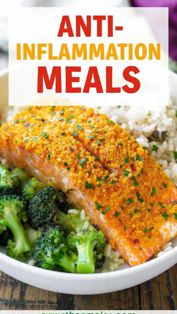 A close-up of a vibrant bowl with turmeric-crusted salmon, rice, and fresh vegetables, with "ANTI-INFLAMMATORY MEALS" as a prominent text overlay.