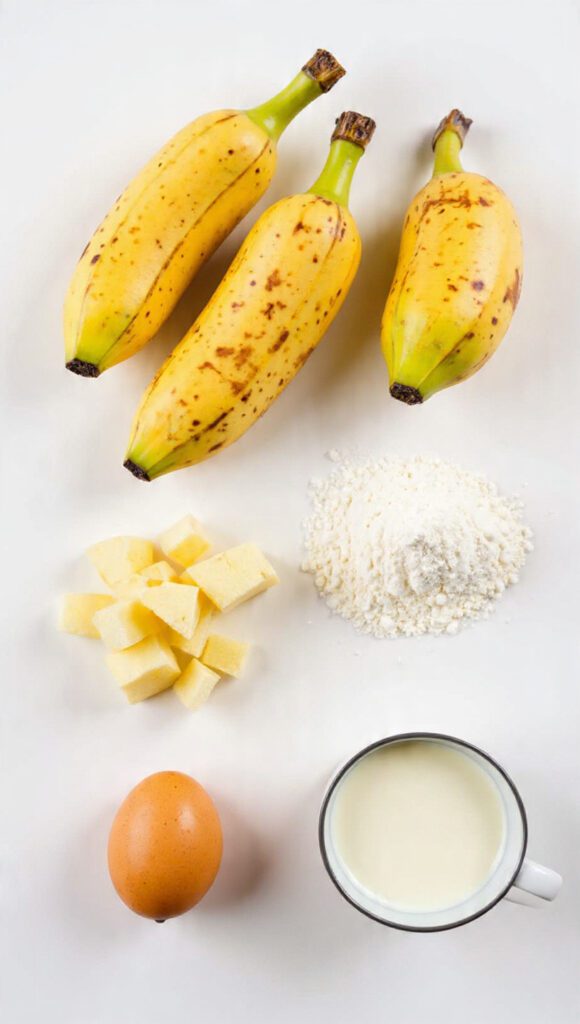 A collage showing the essential ingredients: two mashed, overripe bananas, a diced raw apple, flour, an egg, and a small bowl of milk/butter.