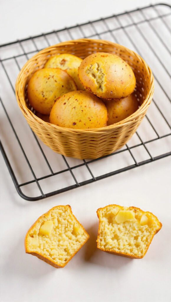 Two servings of the muffins. One is a wide shot of a basket of muffins cooling on a wire rack. The other is an extreme close-up of a muffin torn in half, showing the moist, tender interior crumb and the soft chunks of cooked apple.