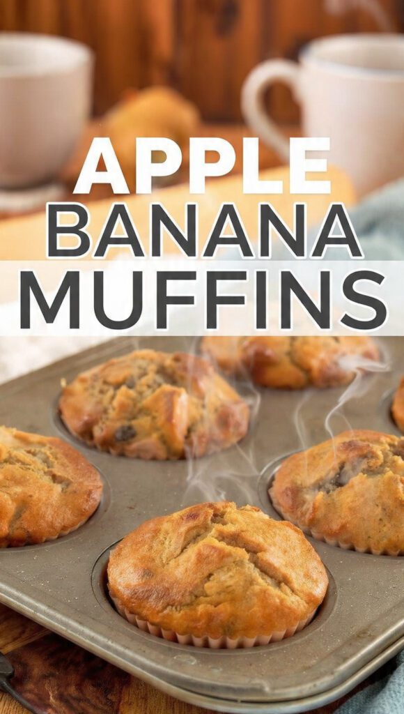 A close-up shot of several golden-brown Apple Banana Muffins in a muffin tin, showing the cracked, domed tops and a few bits of diced apple peeking out. The text overlay reads: "APPLE BANANA MUFFINS".
