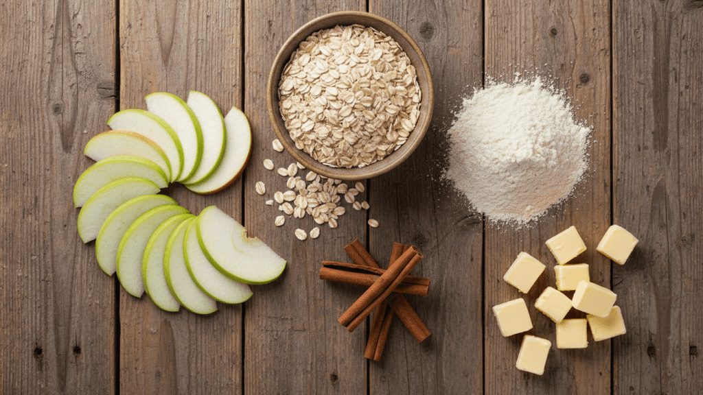 Collage of tart apples, oats, almond flour, cinnamon, and butter.