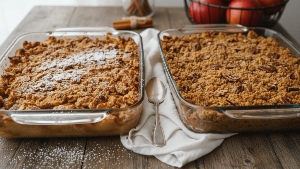 Two types of apple crisp, one classic and one with pecans.