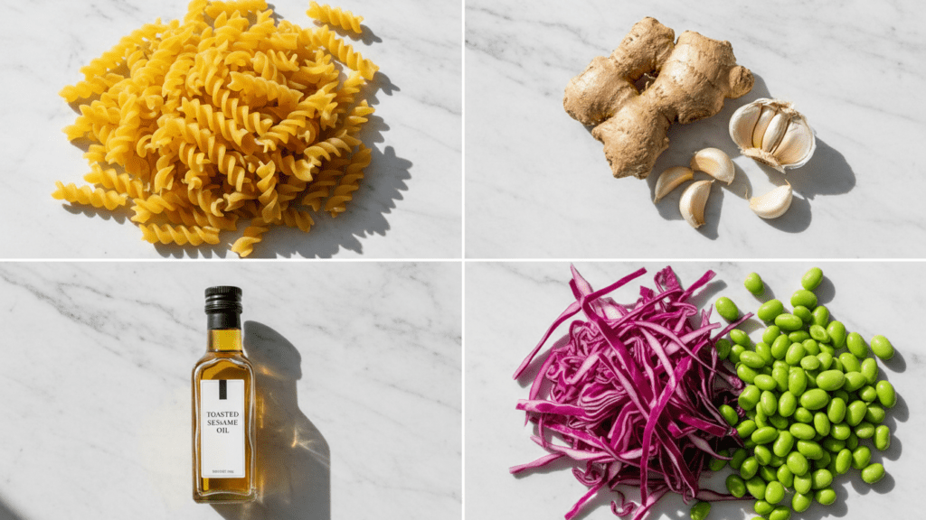 A collage showing rotini pasta, fresh ginger, sesame oil, and purple cabbage.