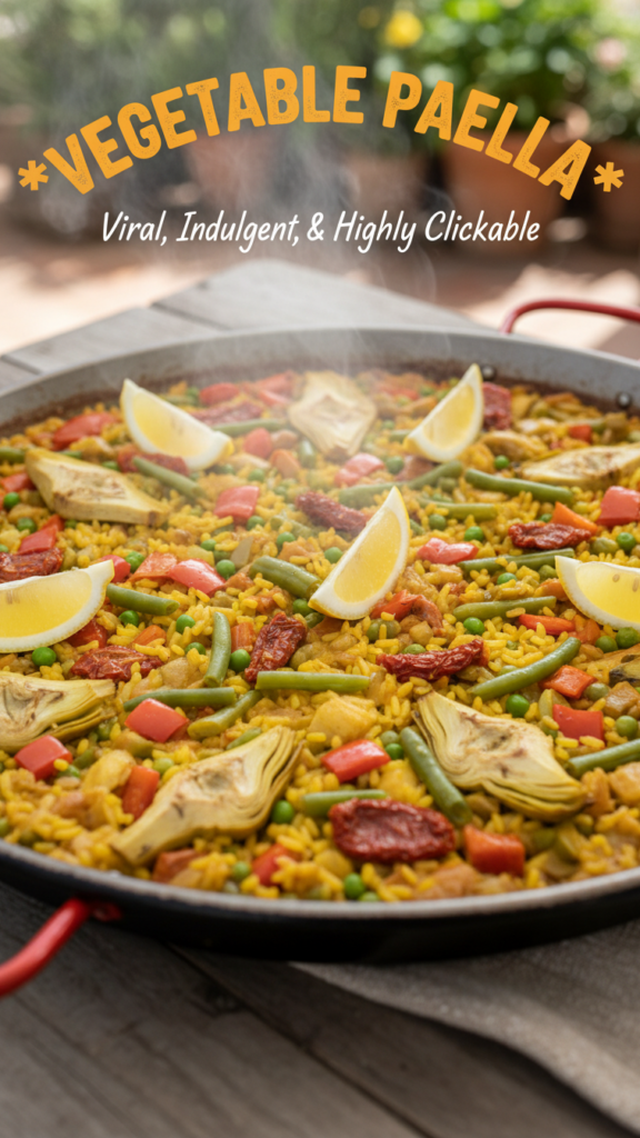 A giant carbon steel pan of vegetable paella with saffron rice and lemon wedges