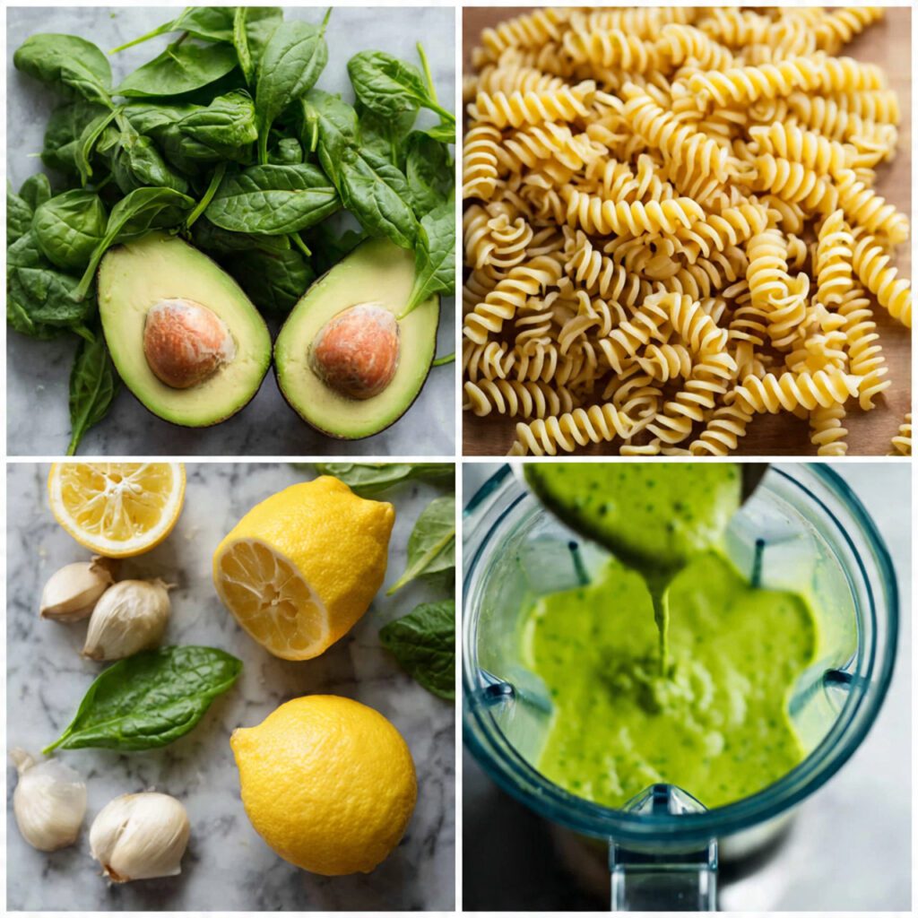 Collage of fresh ingredients for avocado pasta including ripe avocados, spinach, basil, lime, and rotini pasta.