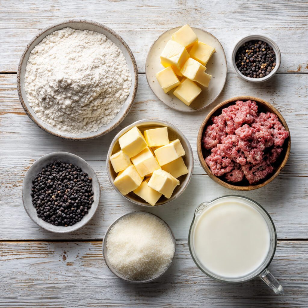 A flat lay collage of raw ingredients: all-purpose flour, cold butter cubes, buttermilk, raw breakfast sausage, whole milk, and black pepper used for the biscuits and gravy recipe.