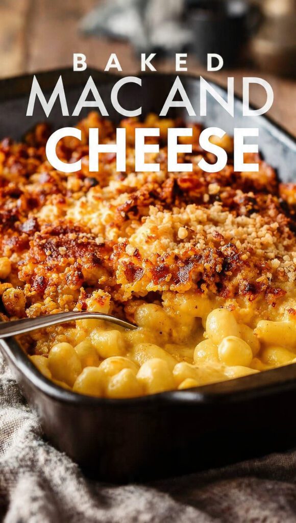 A close-up of a bubbling casserole dish of baked mac and cheese with a golden crust and "BAKED MAC AND CHEESE" as a prominent text overlay.