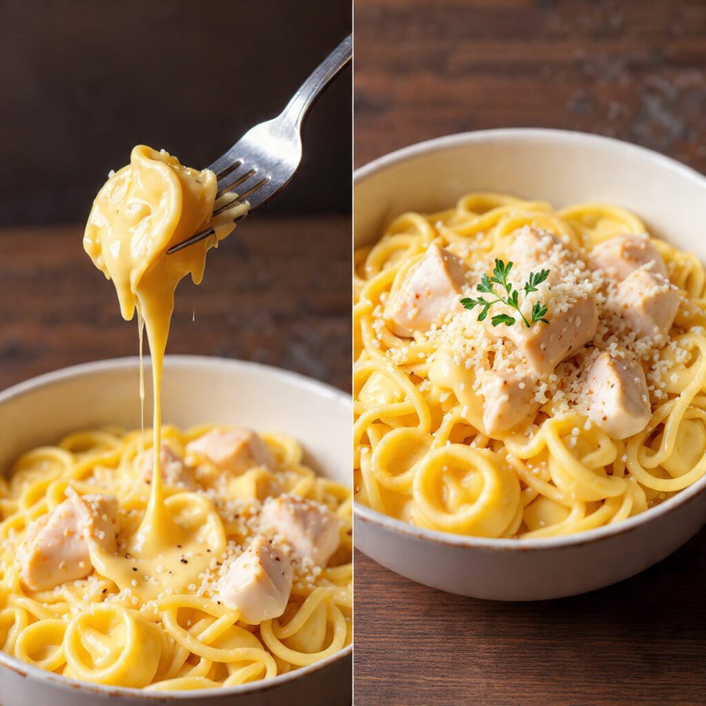 A diptych showing two views of the finished dish: a close-up scoop of the creamy tortellini and a full bowl serving garnished with parsley and Parmesan.
