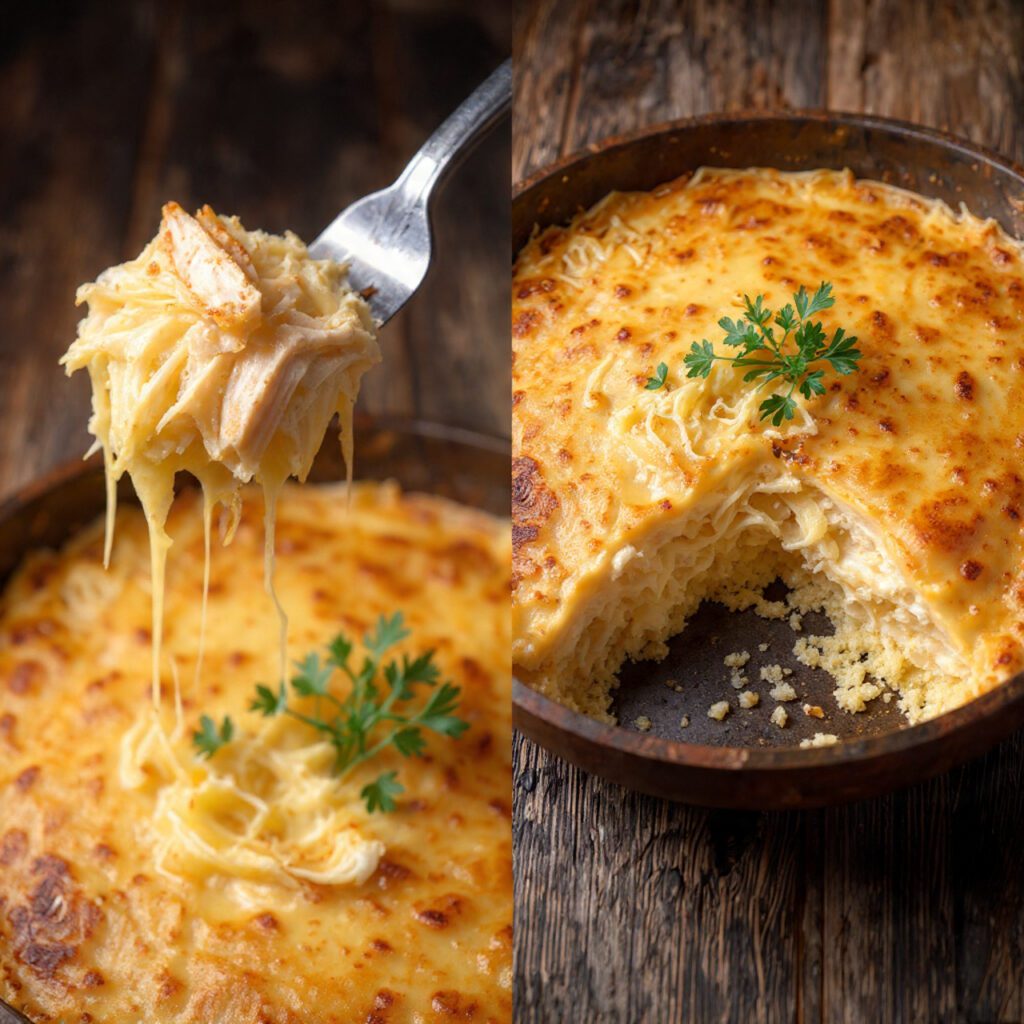 Two servings of baked chicken tetrazzini on white plates: one is a close-up scoop showing the creamy pasta and shredded chicken, the other is a full slice from the casserole dish.
