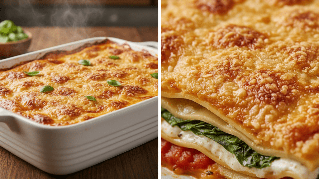 A close-up of a bubbling vegetable lasagna fresh out of the oven