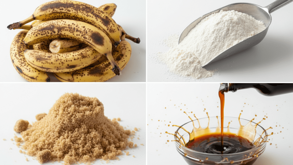 A collage showing spotted bananas, gluten-free flour, brown sugar, and vanilla extract.