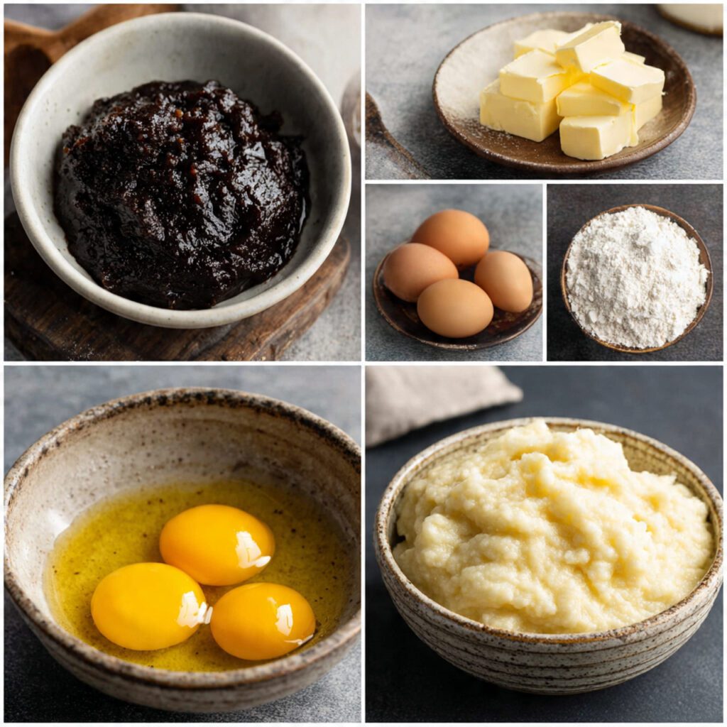 A collage showing the essential ingredients: two dark, overripe mashed bananas, buttermilk, eggs, flour, and a bowl of the lumpy pancake batter.