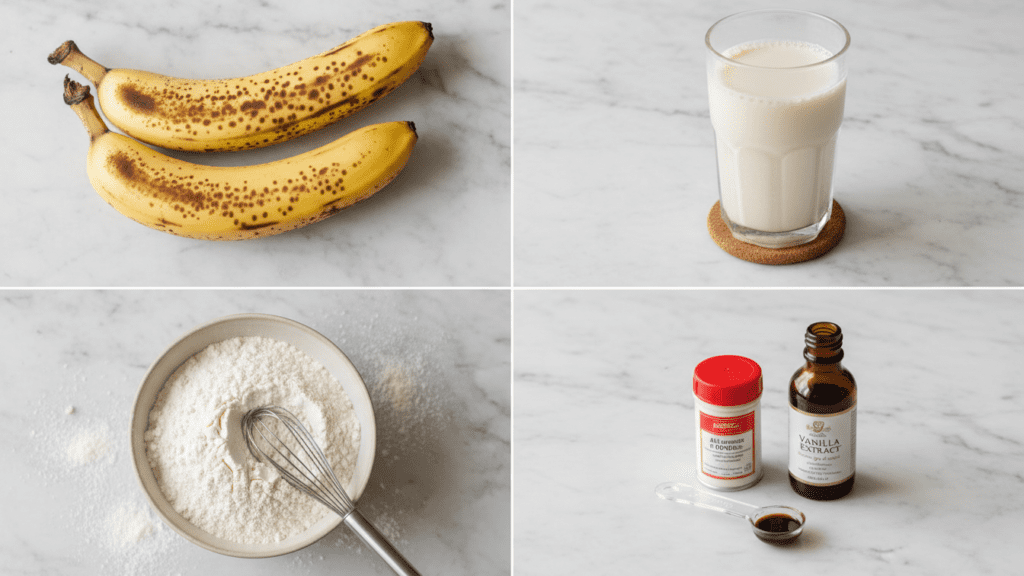 A collage showing ripe bananas, plant milk, flour, and baking powder.