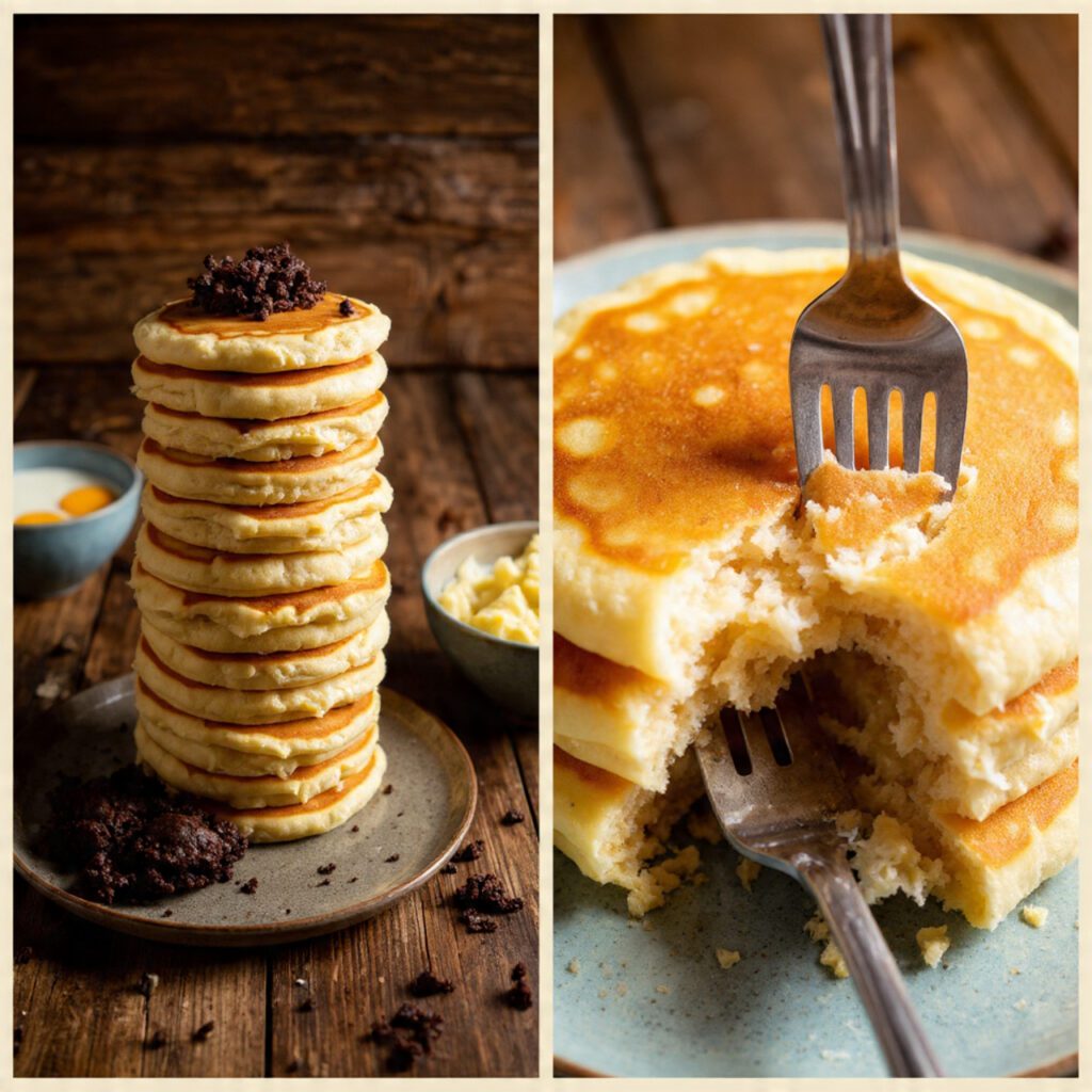 Two servings of the pancakes. One is a wide shot of the tall stack with toppings and a coffee mug. The other is an extreme close-up of a fork cutting into the pancake, showing the incredibly light, airy, and fluffy texture of the interior.