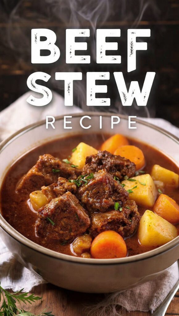 A close-up of a rustic bowl of thick beef stew with visible chunks of tender beef, potatoes, and carrots, and "BEEF STEW RECIPE" as a prominent text overlay.